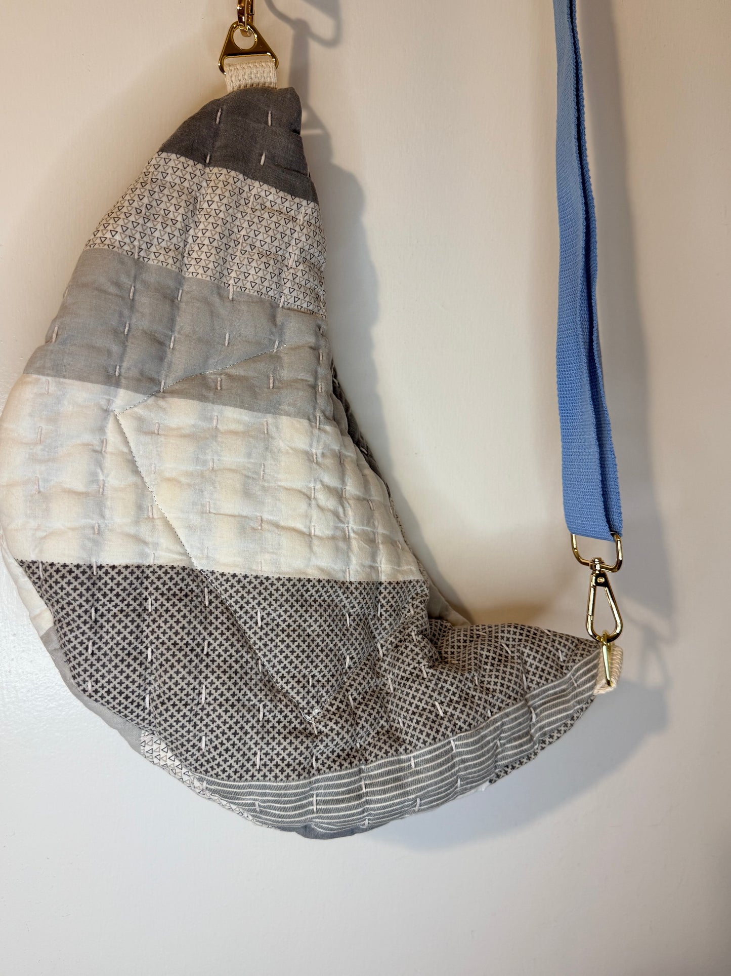 Quilted Bum Bag - Gray and White Stripe Handmade